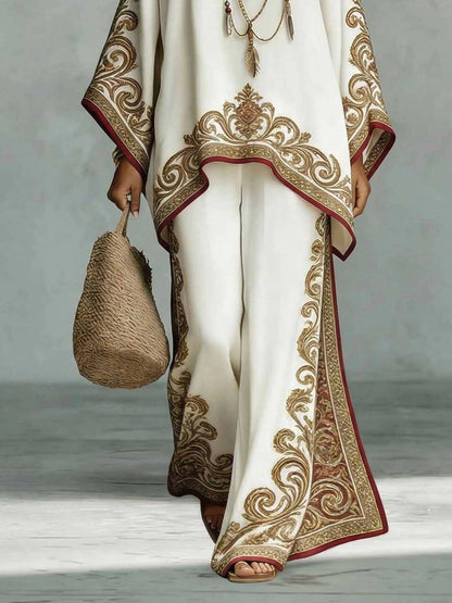 Elegant White Embroidered Wide Leg Set for Women with Round Neck Bell Sleeve Kaftan Two Piece Style