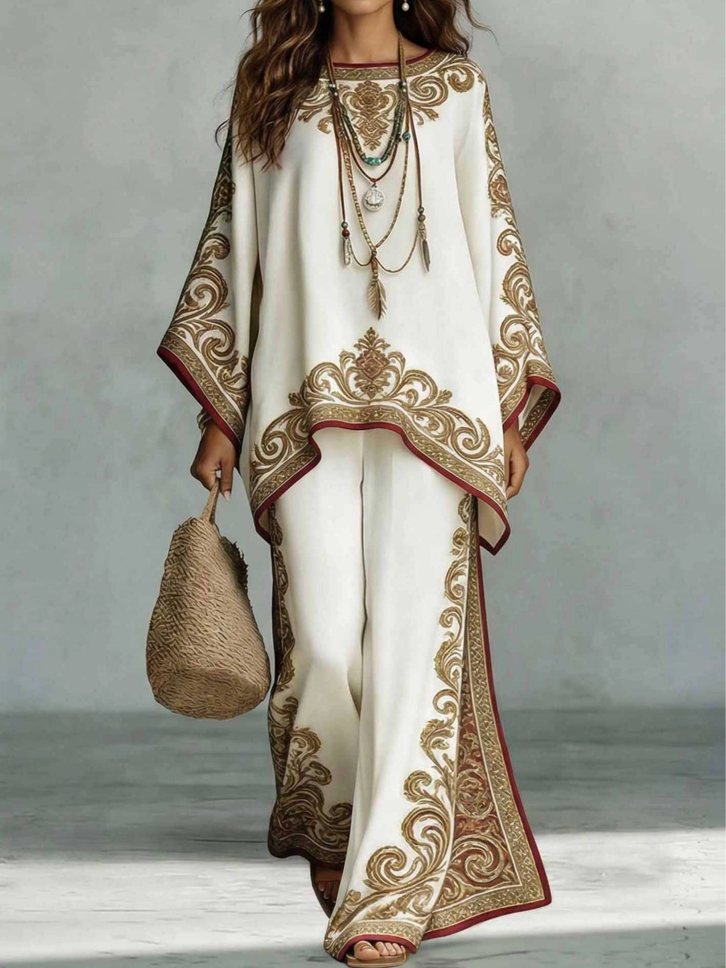 Elegant White Embroidered Wide Leg Set for Women with Round Neck Bell Sleeve Kaftan Two Piece Style