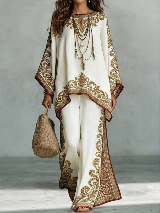 Elegant White Embroidered Wide Leg Set for Women with Round Neck Bell Sleeve Kaftan Two Piece Style