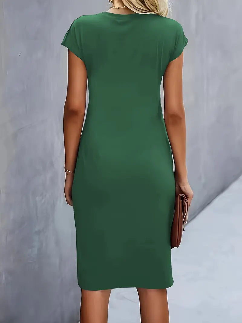 Elegant Sheath Midi Dress for Women with Round Neck Cap Sleeve Ruched Knot Bodycon Style
