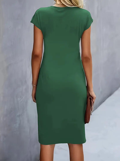 Elegant Sheath Midi Dress for Women with Round Neck Cap Sleeve Ruched Knot Bodycon Style