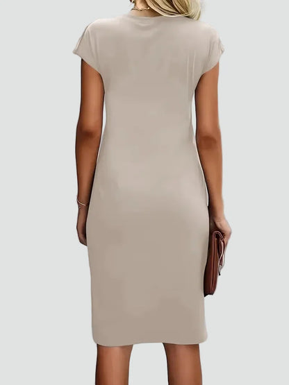 Elegant Cocktail Dress for Women with Round Neck Cap Sleeve Twist Waist Bodycon Style