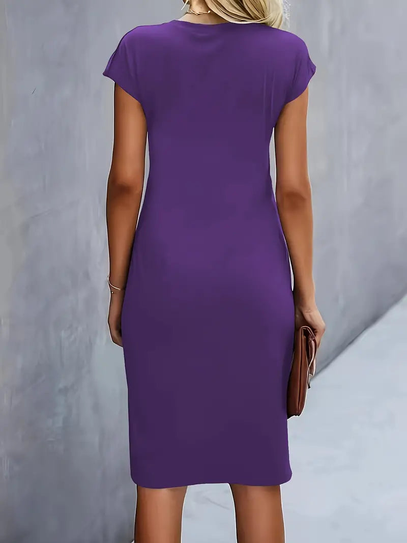 Elegant Sheath Midi Dress for Women with Round Neck Cap Sleeve Ruched Knot Bodycon Style