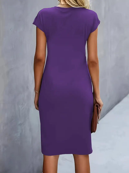 Elegant Sheath Midi Dress for Women with Round Neck Cap Sleeve Ruched Knot Bodycon Style