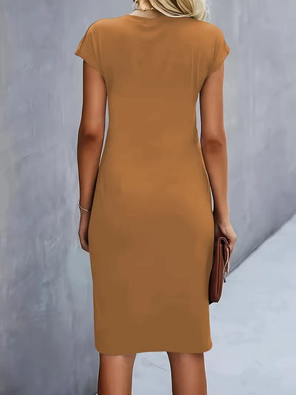 Elegant Sheath Midi Dress for Women with Round Neck Cap Sleeve Ruched Knot Bodycon Style