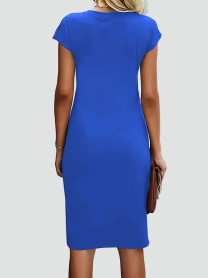 Elegant Cocktail Dress for Women with Round Neck Cap Sleeve Twist Waist Bodycon Style