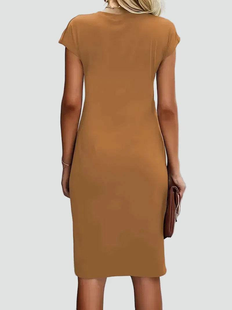 Elegant Cocktail Dress for Women with Round Neck Cap Sleeve Twist Waist Bodycon Style