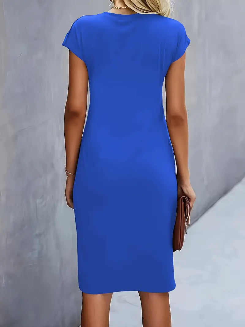 Elegant Sheath Midi Dress for Women with Round Neck Cap Sleeve Ruched Knot Bodycon Style