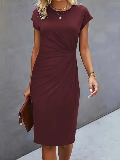 Elegant Sheath Midi Dress for Women with Round Neck Cap Sleeve Ruched Knot Bodycon Style