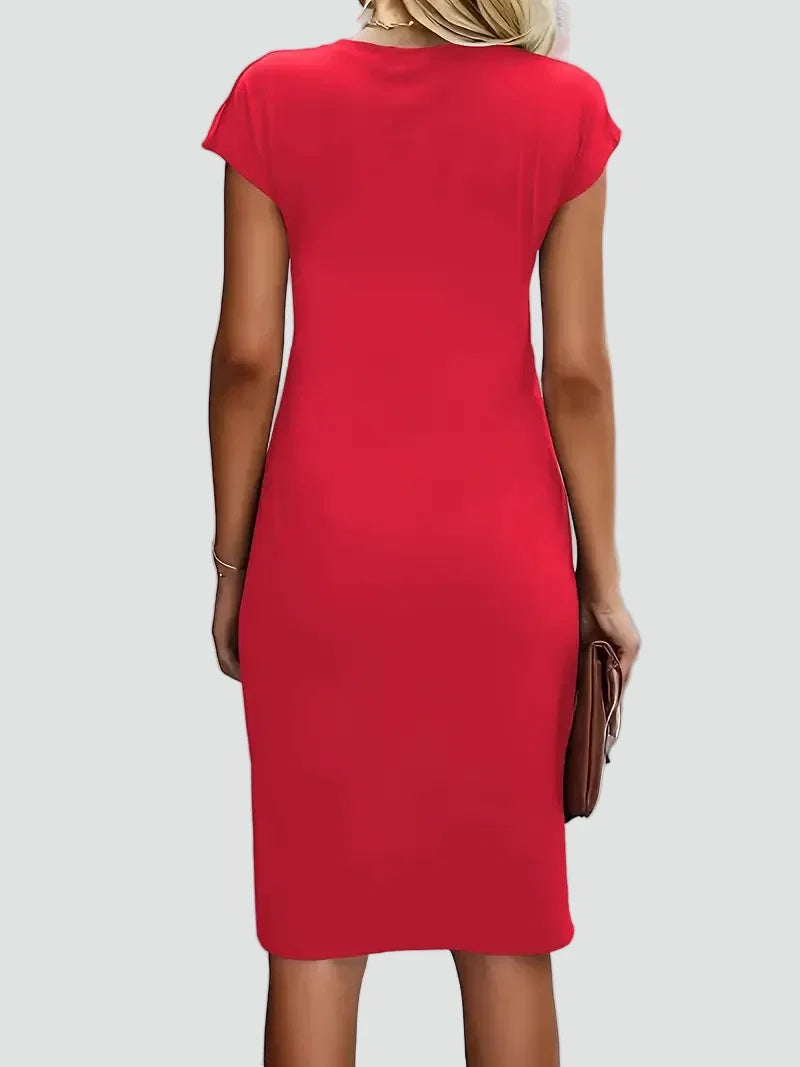 Elegant Cocktail Dress for Women with Round Neck Cap Sleeve Twist Waist Bodycon Style
