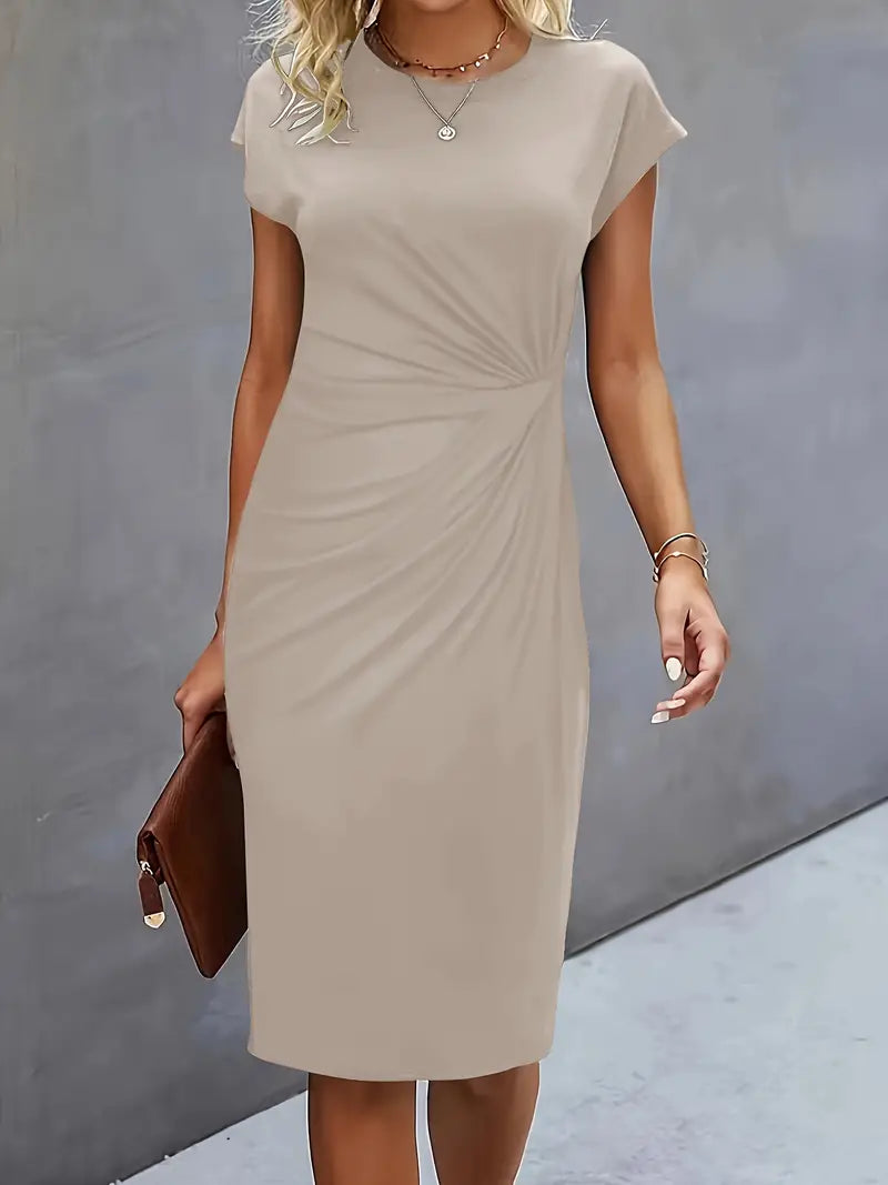 Elegant Sheath Midi Dress for Women with Round Neck Cap Sleeve Ruched Knot Bodycon Style