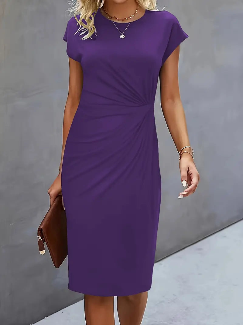 Elegant Sheath Midi Dress for Women with Round Neck Cap Sleeve Ruched Knot Bodycon Style