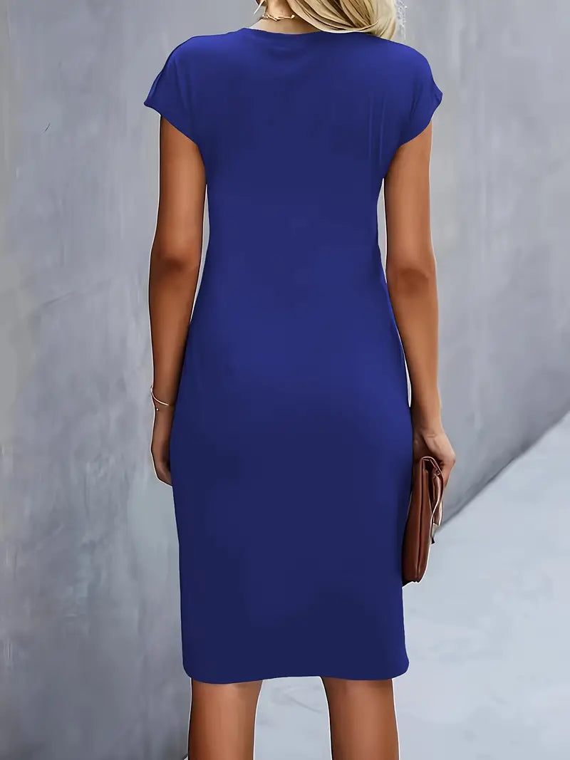 Elegant Sheath Midi Dress for Women with Round Neck Cap Sleeve Ruched Knot Bodycon Style