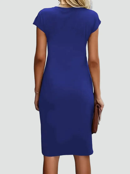 Elegant Cocktail Dress for Women with Round Neck Cap Sleeve Twist Waist Bodycon Style