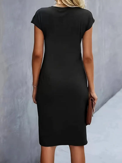 Elegant Sheath Midi Dress for Women with Round Neck Cap Sleeve Ruched Knot Bodycon Style