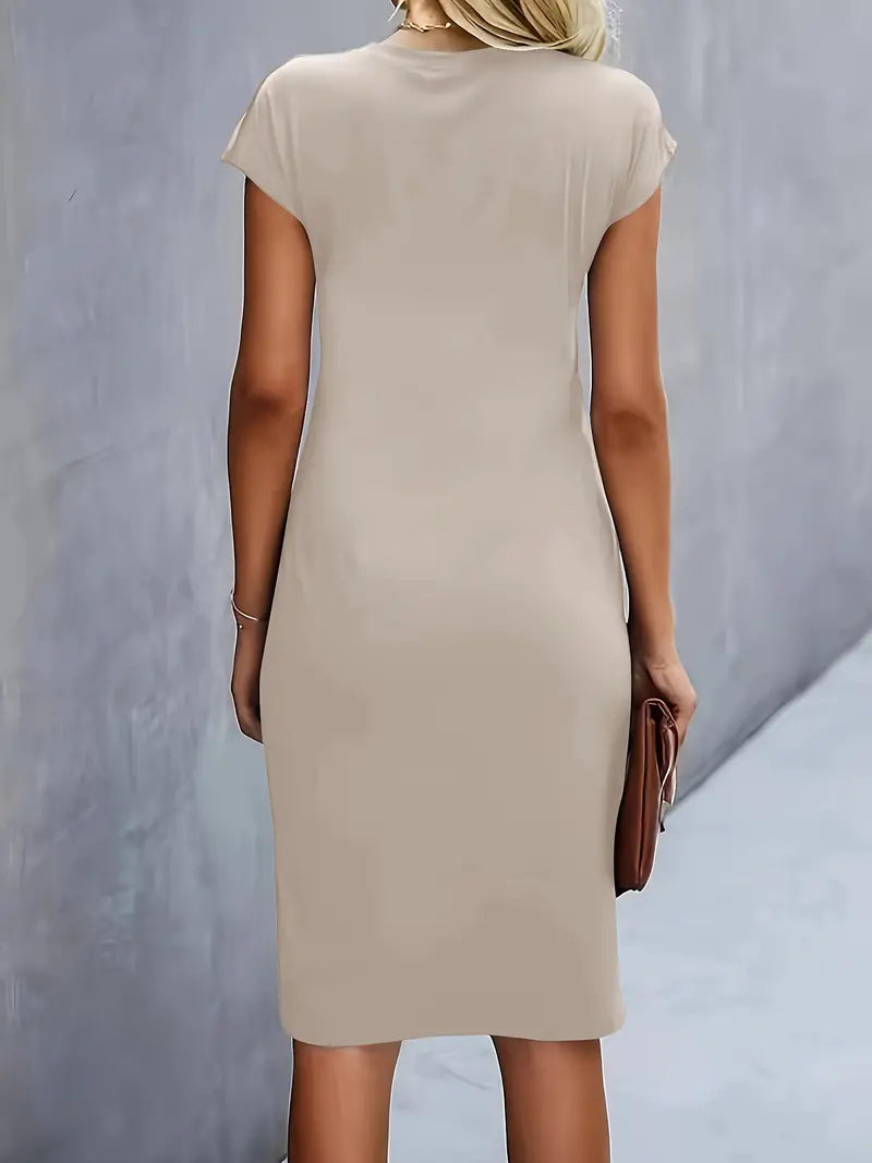 Elegant Sheath Midi Dress for Women with Round Neck Cap Sleeve Ruched Knot Bodycon Style
