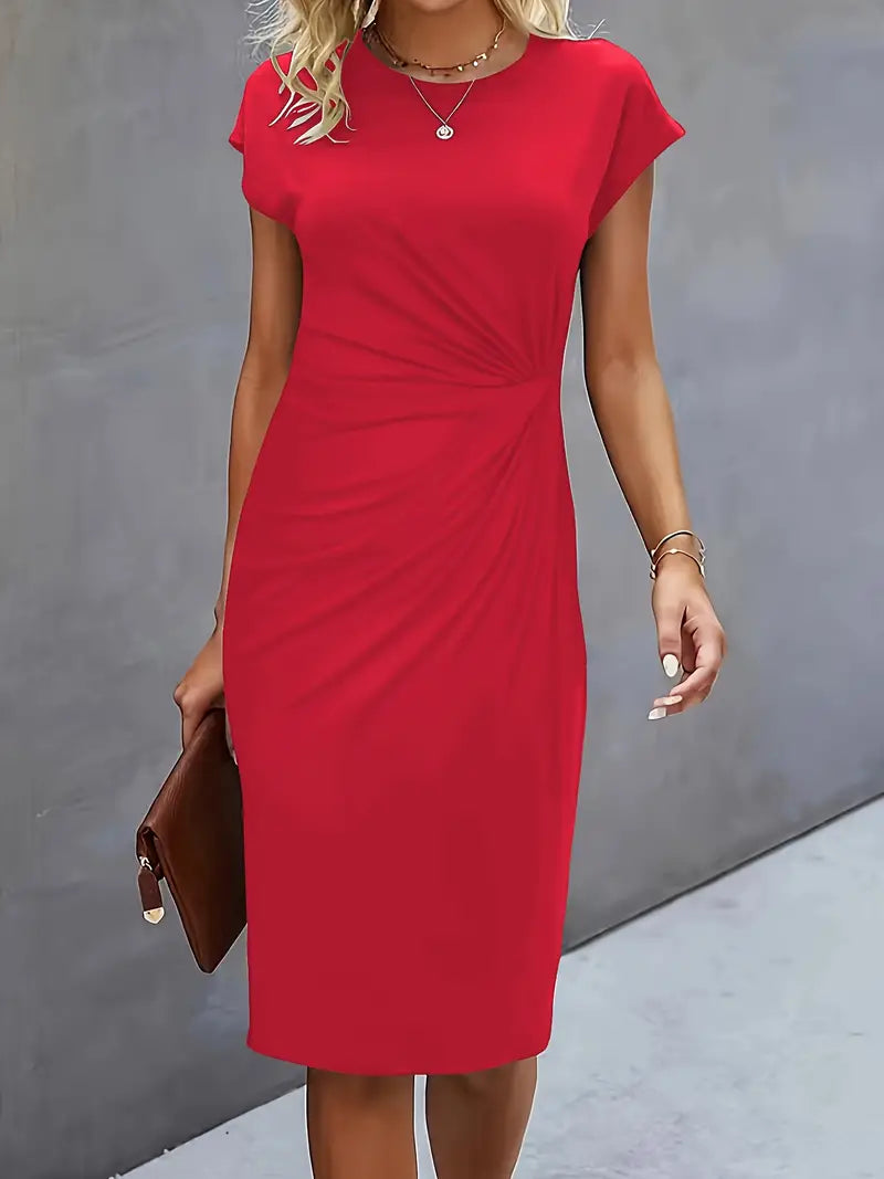 Elegant Sheath Midi Dress for Women with Round Neck Cap Sleeve Ruched Knot Bodycon Style