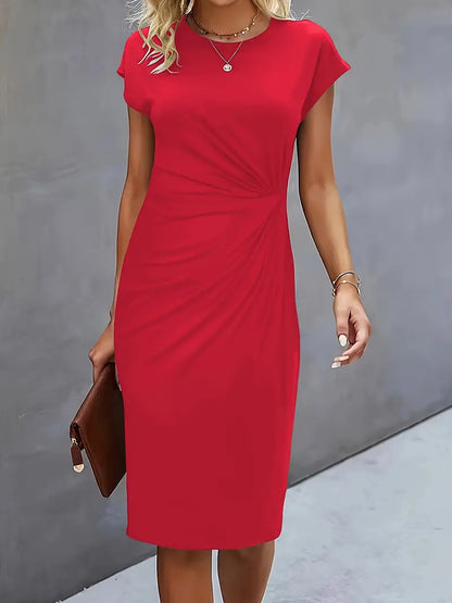 Elegant Sheath Midi Dress for Women with Round Neck Cap Sleeve Ruched Knot Bodycon Style