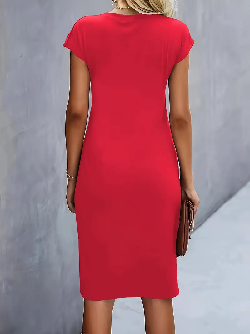 Elegant Sheath Midi Dress for Women with Round Neck Cap Sleeve Ruched Knot Bodycon Style