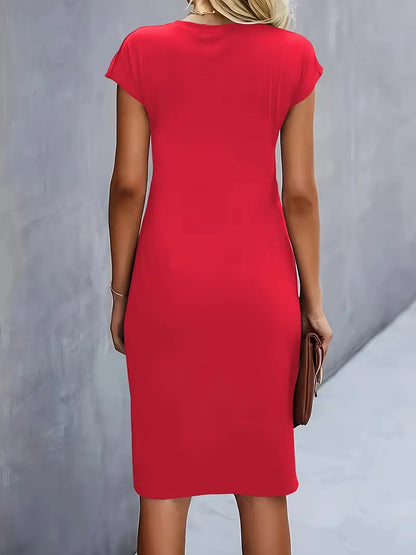 Elegant Sheath Midi Dress for Women with Round Neck Cap Sleeve Ruched Knot Bodycon Style