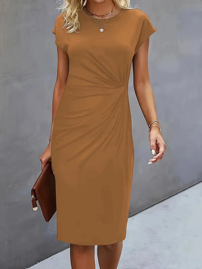 Elegant Sheath Midi Dress for Women with Round Neck Cap Sleeve Ruched Knot Bodycon Style