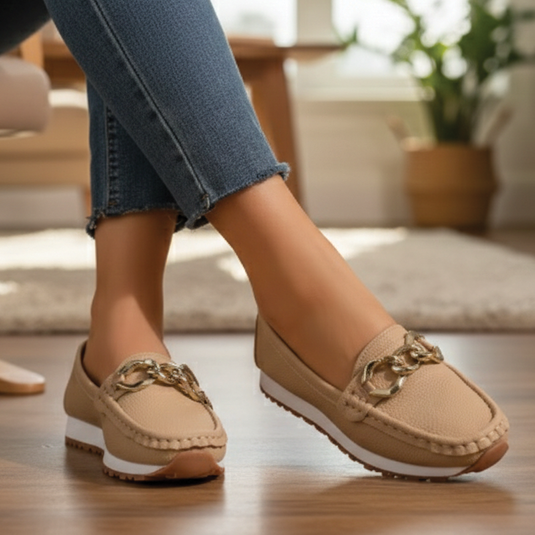 Comfortable Chain Detail Platform Loafer for Women with Round Toe Slip On Rubber Sole Casual Style