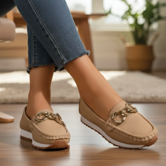 Comfortable Chain Detail Platform Loafer for Women with Round Toe Slip On Rubber Sole Casual Style
