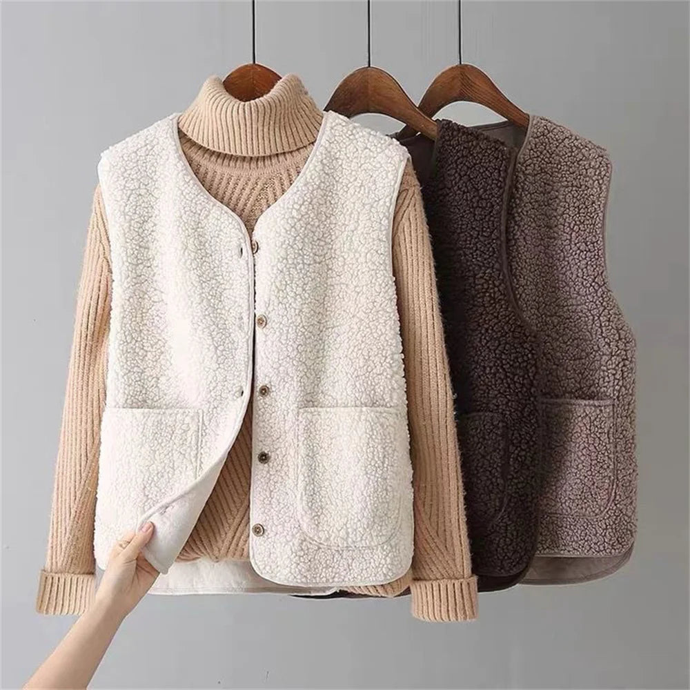 Warm Fleece Cardigan Vest for Women with Button Down Sherpa Sleeveless Warm Easy Style