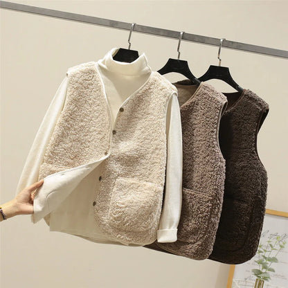 Warm Fleece Cardigan Vest for Women with Button Down Sherpa Sleeveless Warm Easy Style