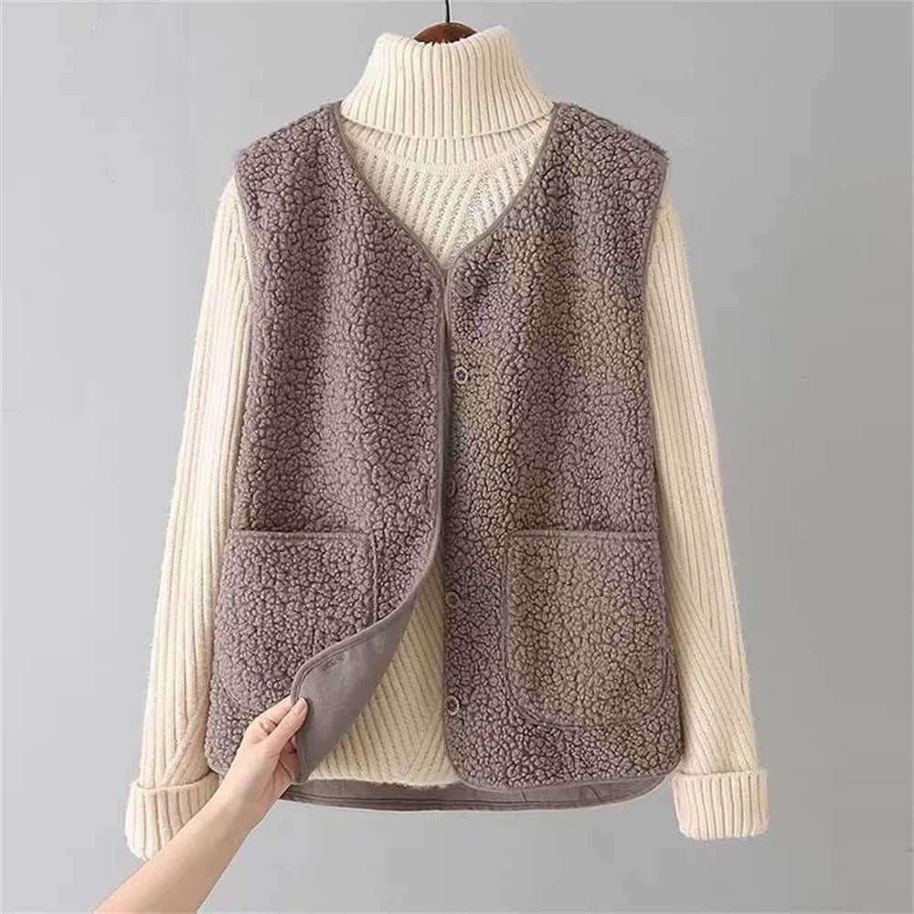 Warm Fleece Cardigan Vest for Women with Button Down Sherpa Sleeveless Warm Easy Style