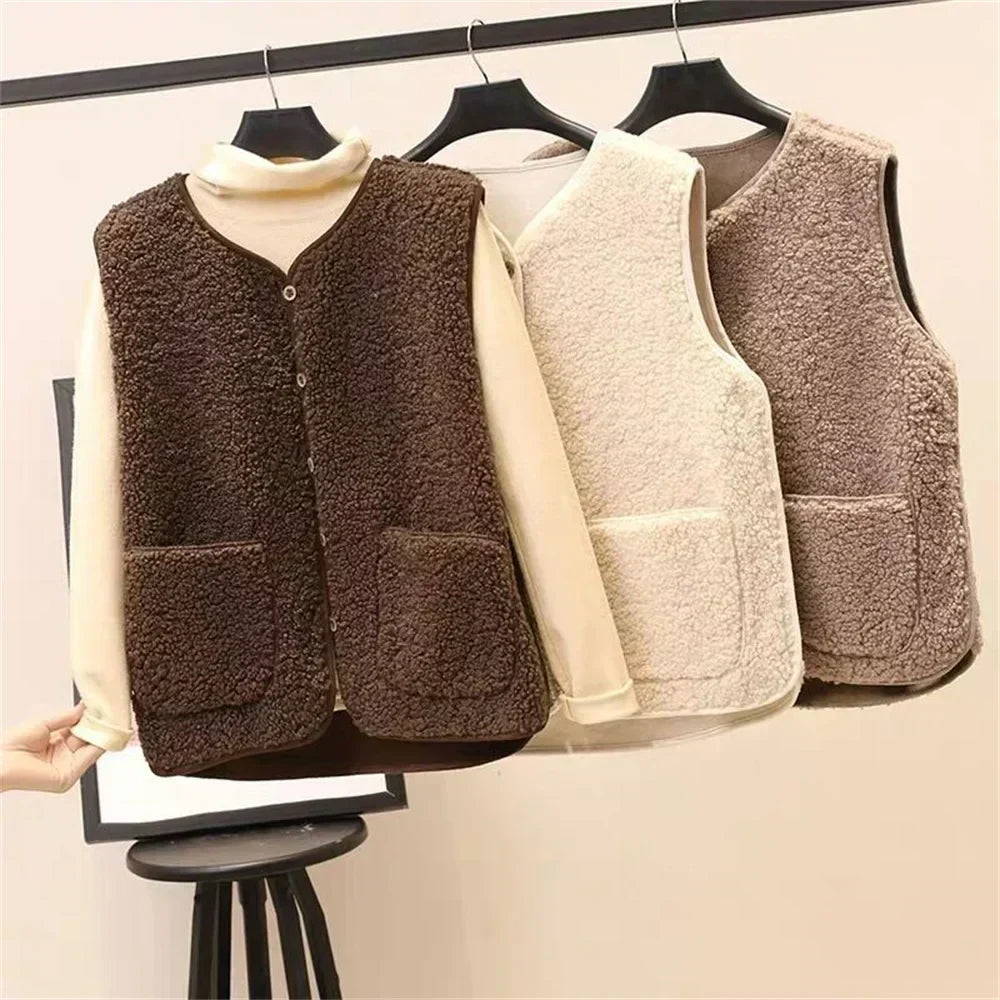 Warm Fleece Cardigan Vest for Women with Button Down Sherpa Sleeveless Warm Easy Style