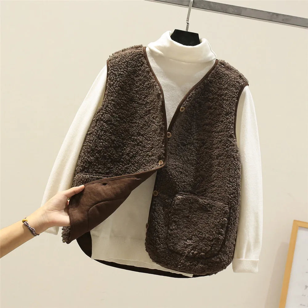 Warm Fleece Cardigan Vest for Women with Button Down Sherpa Sleeveless Warm Easy Style