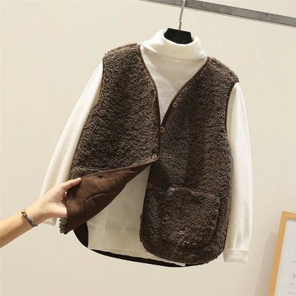 Warm Fleece Cardigan Vest for Women with Button Down Sherpa Sleeveless Warm Easy Style