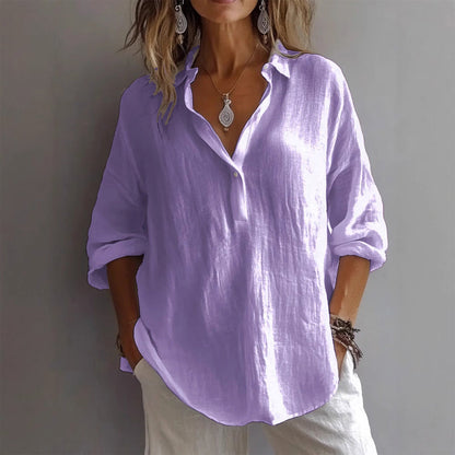 Effortless Linen Shirt for Women with Collar Long Sleeve Button Front Relaxed Casual Style