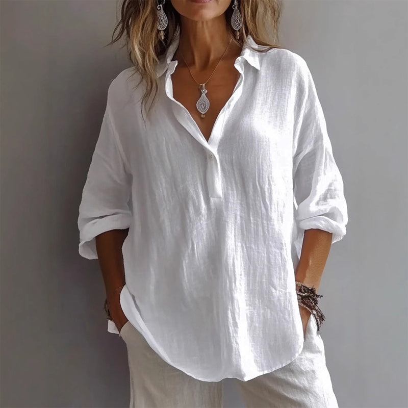 Effortless Linen Shirt for Women with Collar Long Sleeve Button Front Relaxed Casual Style