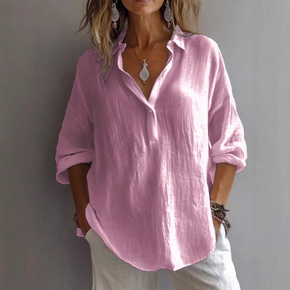 Effortless Linen Shirt for Women with Collar Long Sleeve Button Front Relaxed Casual Style
