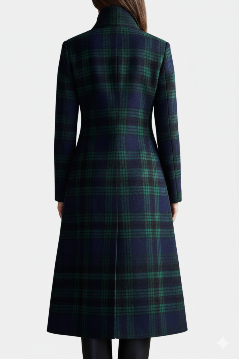 Women's Plaid Stand Collar Longline Wool Coat