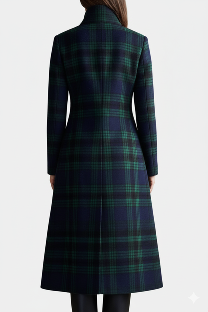 Women's Plaid Stand Collar Longline Wool Coat