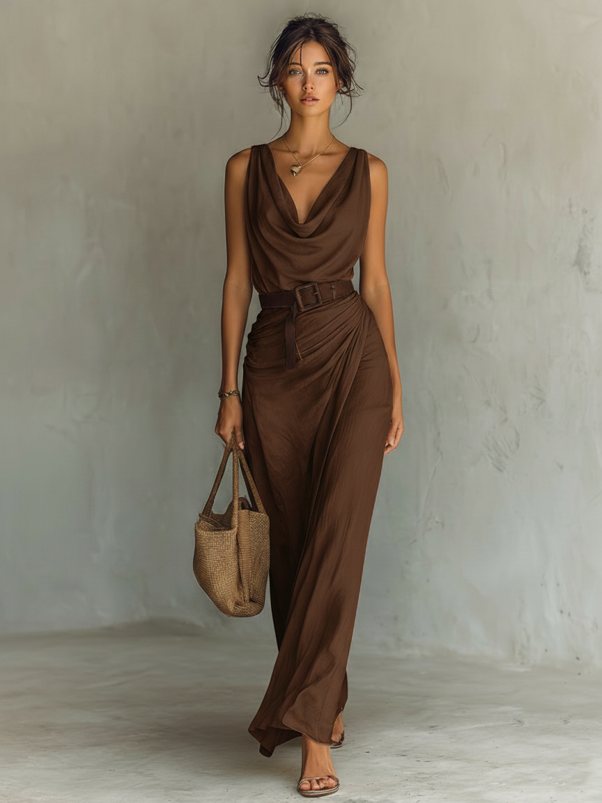 Elegant Brown Maxi Dress for Women with Cowl Neck Sleeveless Belted Draped Flowing Style