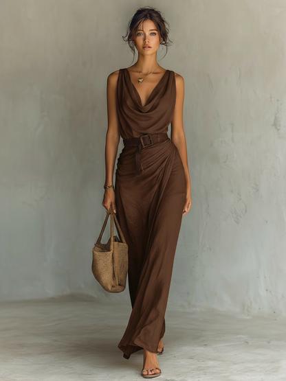 Elegant Brown Maxi Dress for Women with Cowl Neck Sleeveless Belted Draped Flowing Style