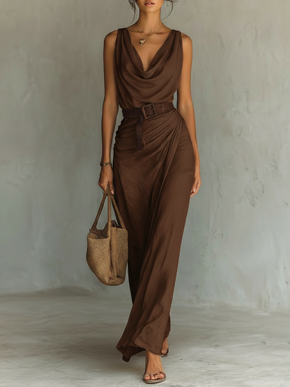 Elegant Brown Maxi Dress for Women with Cowl Neck Sleeveless Belted Draped Flowing Style