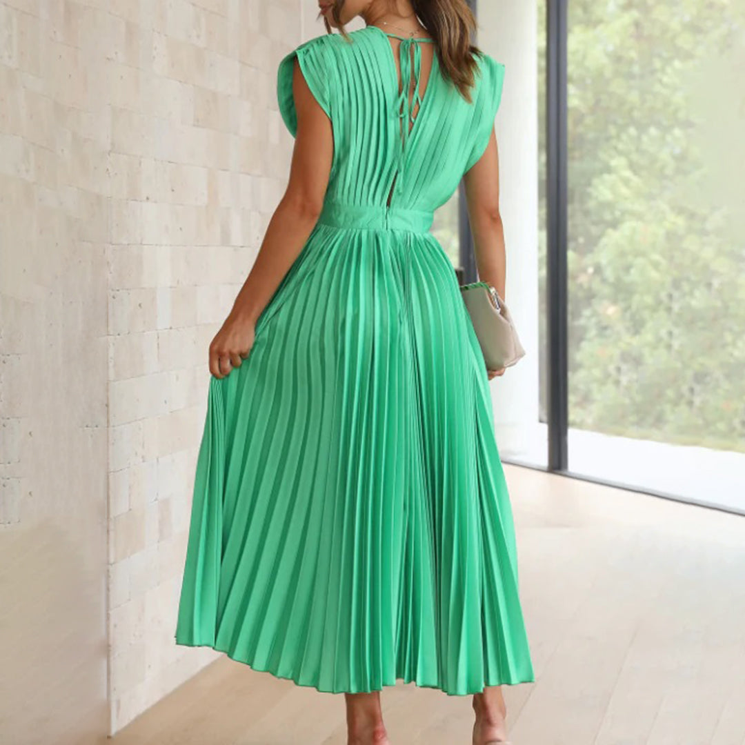 Elegant Pleated Satin Cocktail Dress for Women with V Neck Cap Sleeve Open Back Flowing Maxi Style