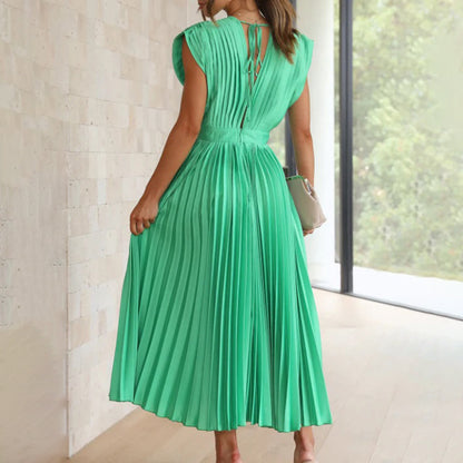 Elegant Pleated Satin Cocktail Dress for Women with V Neck Cap Sleeve Open Back Flowing Maxi Style