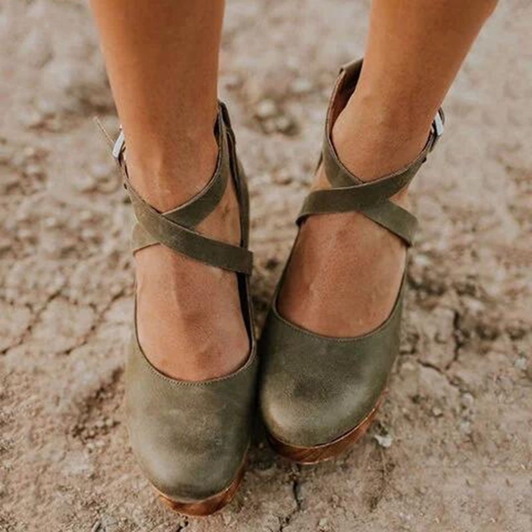 Effortless Leather Wedge Sandal for Women with Crisscross Ankle Strap Platform Wooden Heel Bohemian Style