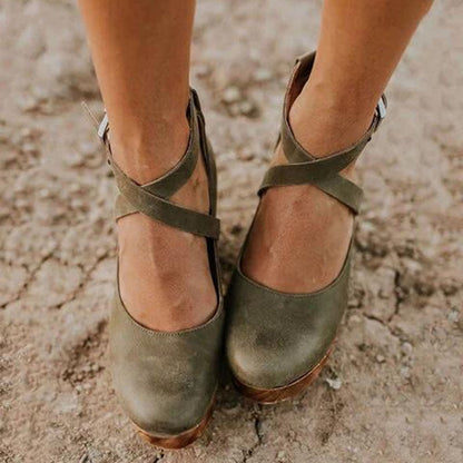 Effortless Leather Wedge Sandal for Women with Crisscross Ankle Strap Platform Wooden Heel Bohemian Style