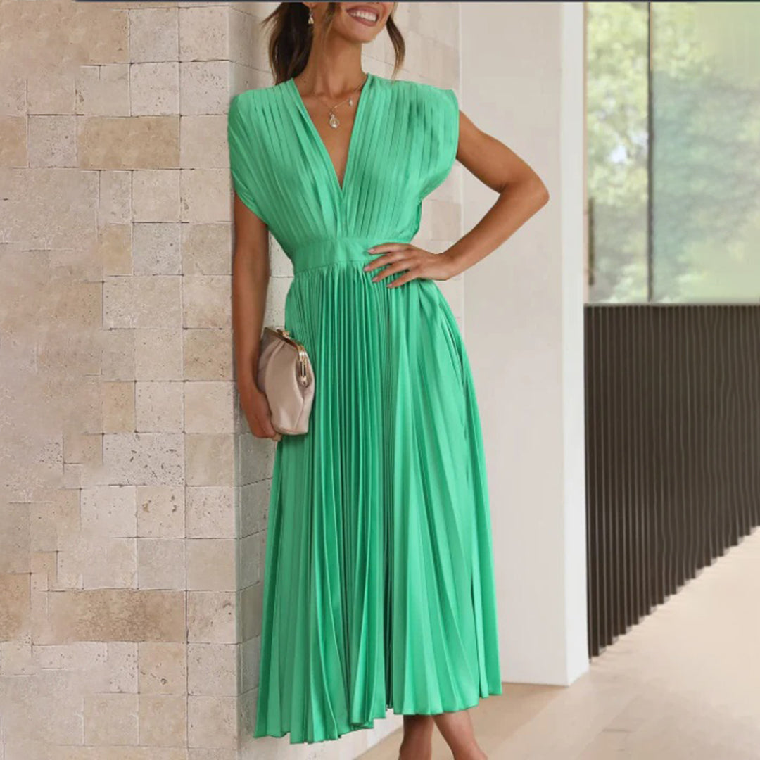 Elegant Pleated Satin Cocktail Dress for Women with V Neck Cap Sleeve Open Back Flowing Maxi Style