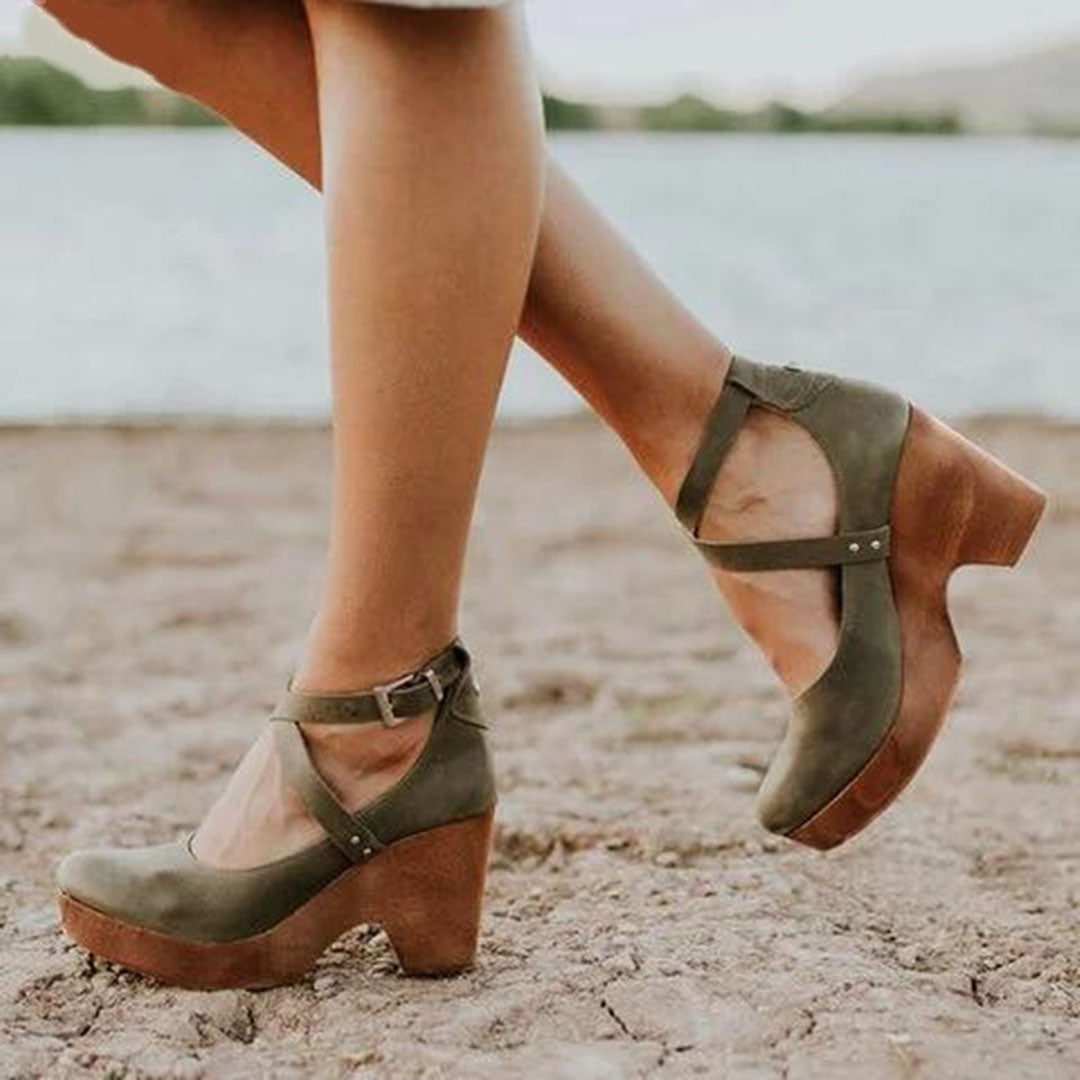 Effortless Leather Wedge Sandal for Women with Crisscross Ankle Strap Platform Wooden Heel Bohemian Style
