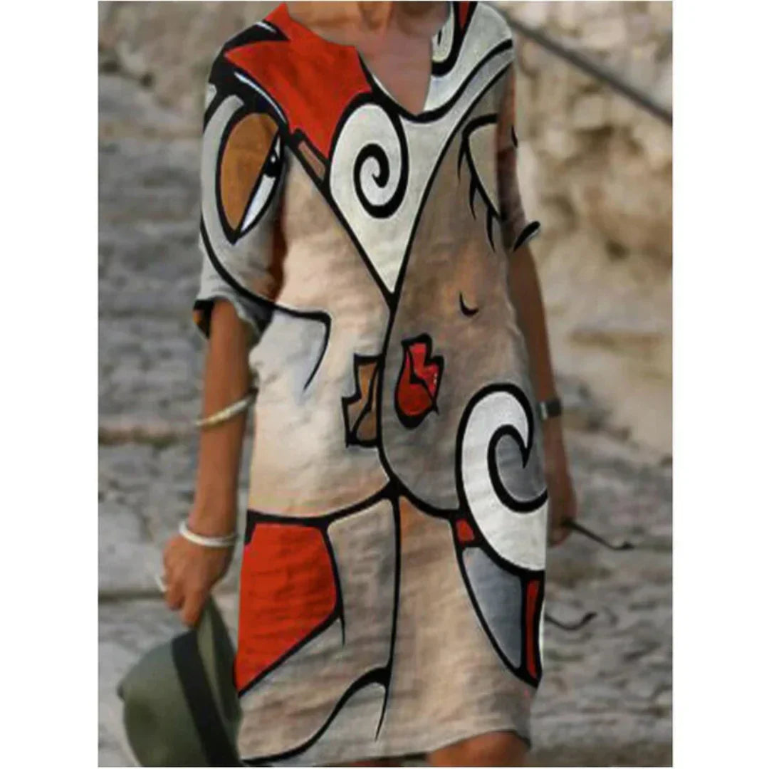 Effortless Linen Midi Dress for Women with V Neck Elbow Sleeve Relaxed Shift Casual Style