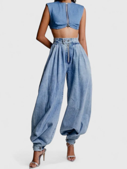 Effortless Blue Denim Two Piece Set for Women with Zip Front Crop Top Balloon Wide Leg Pant Casual Style