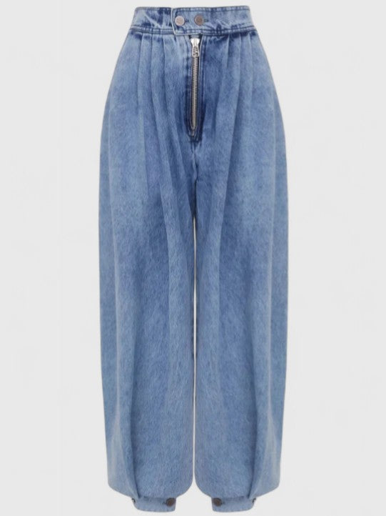 Effortless Blue Denim Two Piece Set for Women with Zip Front Crop Top Balloon Wide Leg Pant Casual Style